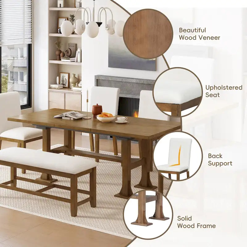 Ensemble de salle à manger extensible 6 pièces style rustique avec rallonge et banc