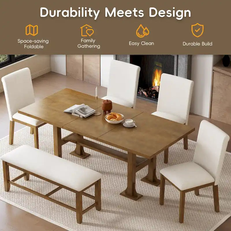 Ensemble de salle à manger extensible 6 pièces style rustique avec rallonge et banc