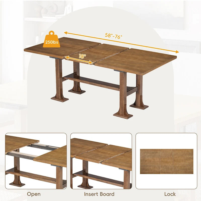 Ensemble de salle à manger extensible 6 pièces style rustique avec rallonge et banc