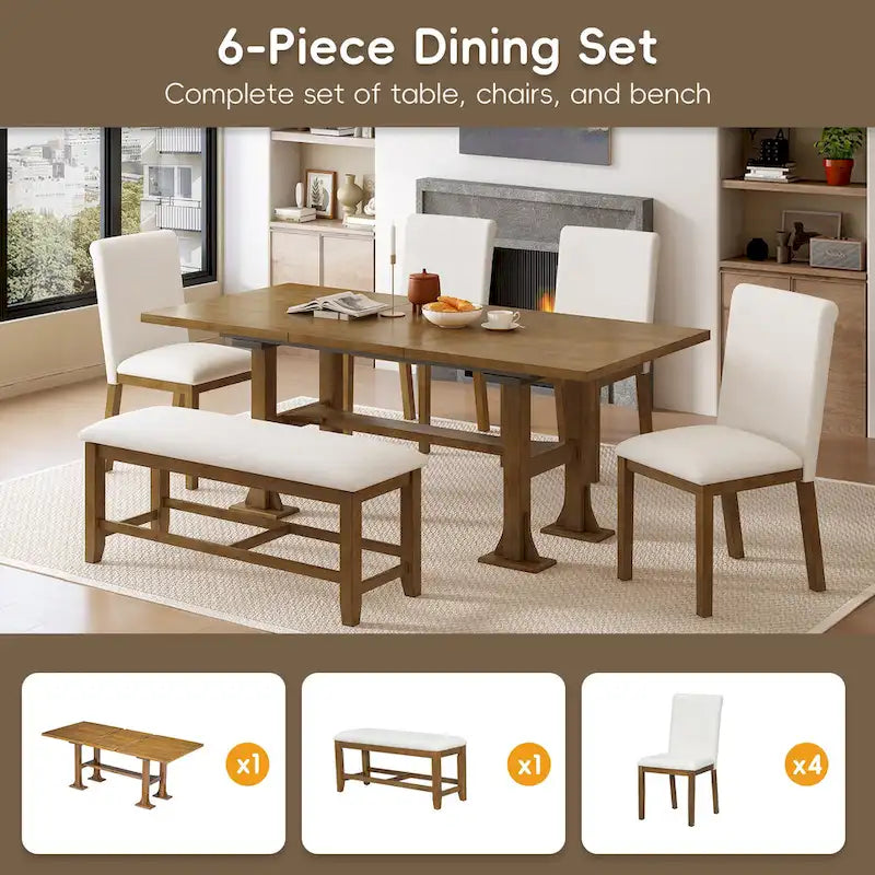 Ensemble de salle à manger extensible 6 pièces style rustique avec rallonge et banc