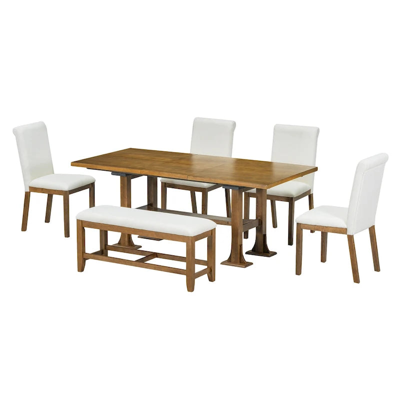 Ensemble de salle à manger extensible 6 pièces style rustique avec rallonge et banc
