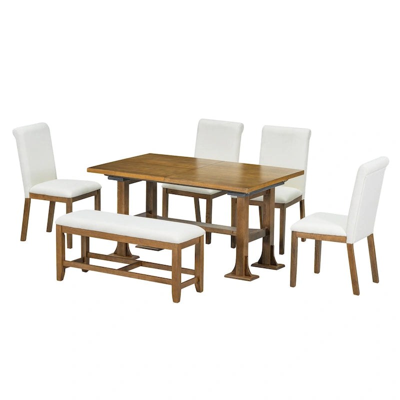 Ensemble de salle à manger extensible 6 pièces style rustique avec rallonge et banc