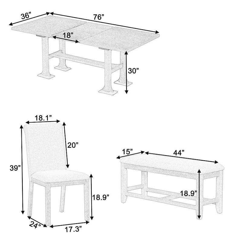 Ensemble de salle à manger extensible 6 pièces style rustique avec rallonge et banc