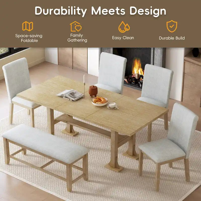 Ensemble de salle à manger extensible 6 pièces style rustique avec rallonge et banc
