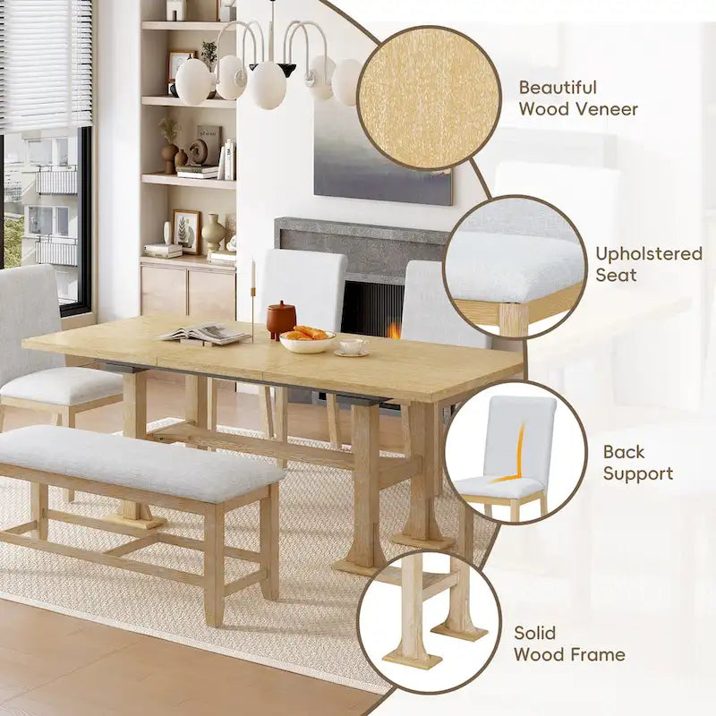 Ensemble de salle à manger extensible 6 pièces style rustique avec rallonge et banc