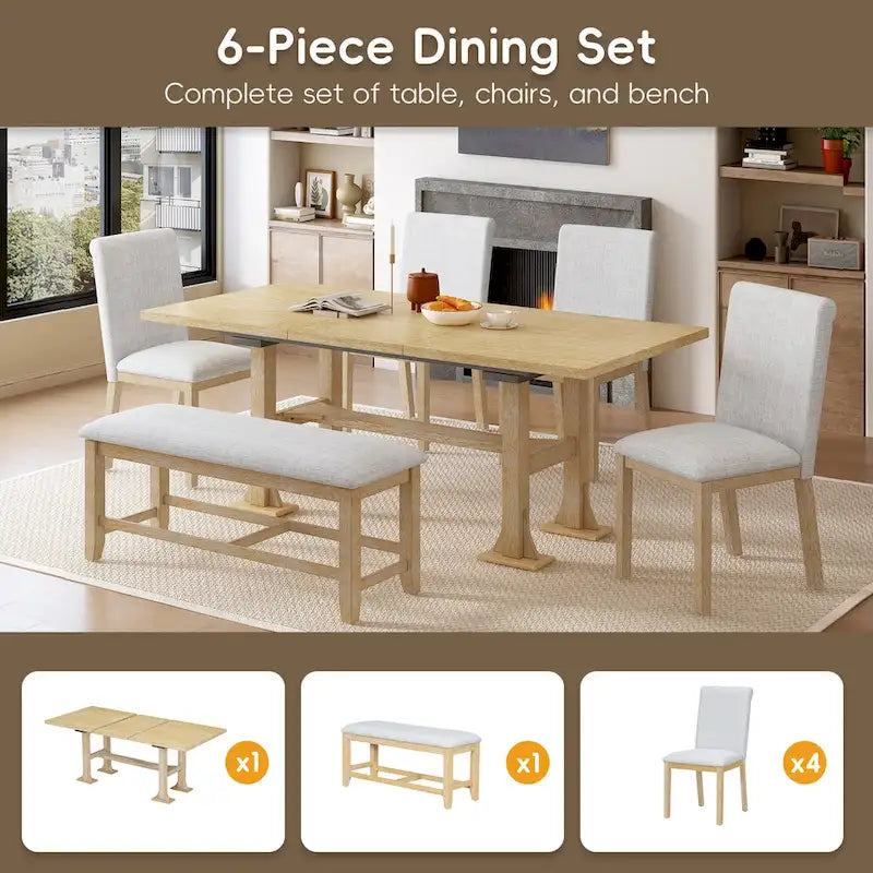Ensemble de salle à manger extensible 6 pièces style rustique avec rallonge et banc