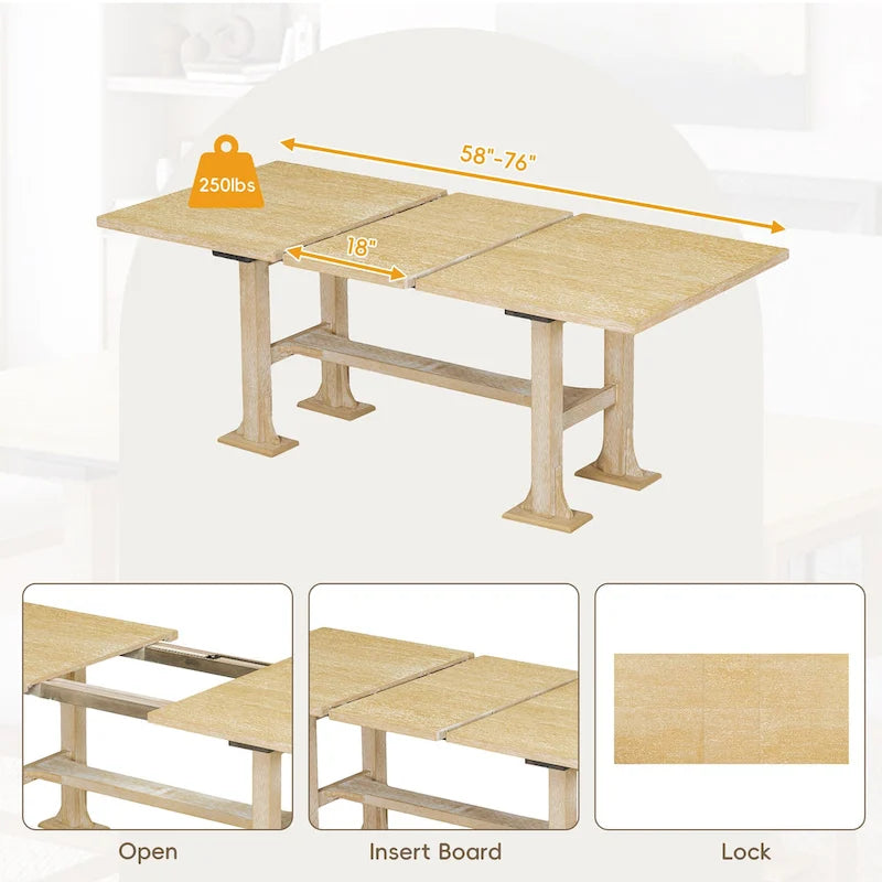 Ensemble de salle à manger extensible 6 pièces style rustique avec rallonge et banc