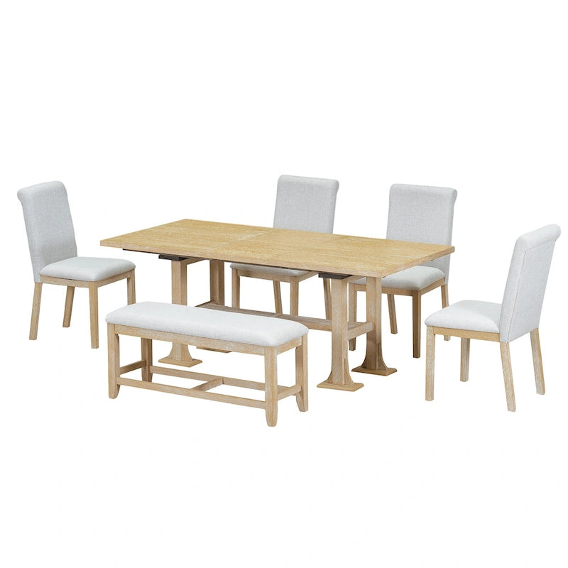 Ensemble de salle à manger extensible 6 pièces style rustique avec rallonge et banc