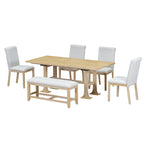 Ensemble de salle à manger extensible 6 pièces style rustique avec rallonge et banc