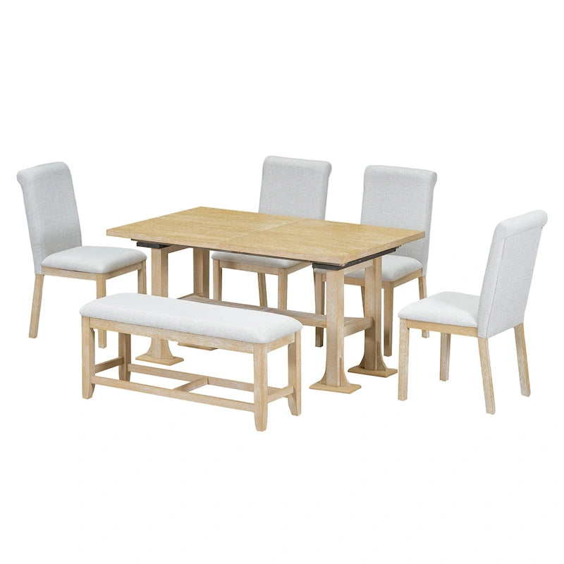 Ensemble de salle à manger extensible 6 pièces style rustique avec rallonge et banc