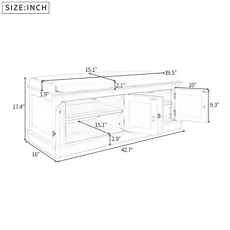 Banc de rangement avec 4 portes et étagères réglables