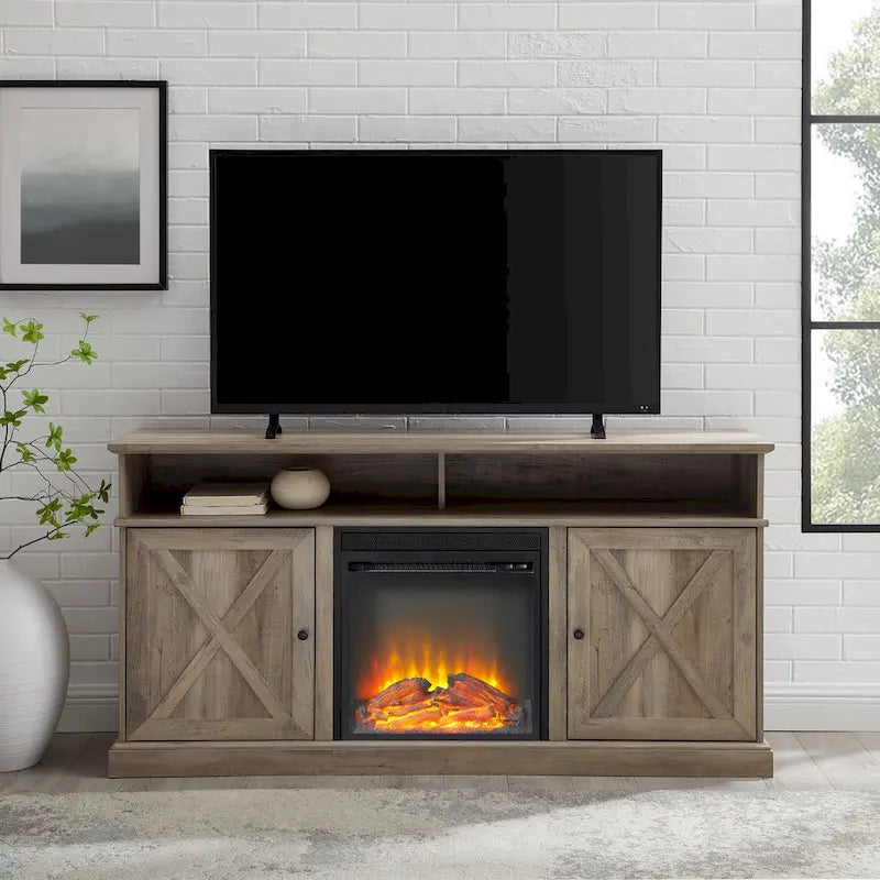 Meuble TV de cheminée avec portes de grange de 60 pouces et étagères ouvertes