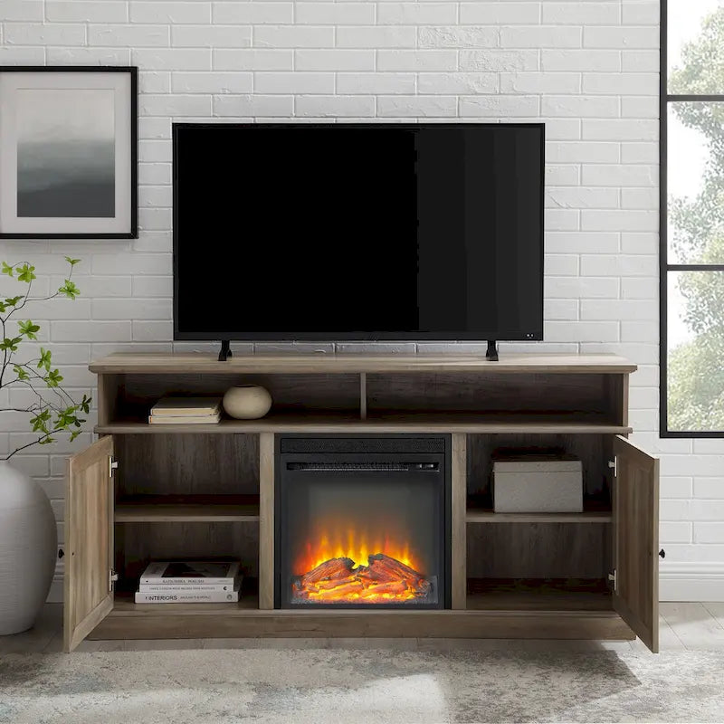 Meuble TV de cheminée avec portes de grange de 60 pouces et étagères ouvertes