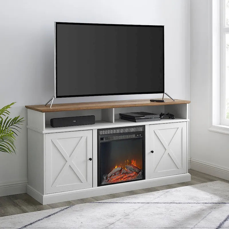 Meuble TV de cheminée avec portes de grange de 60 pouces et étagères ouvertes