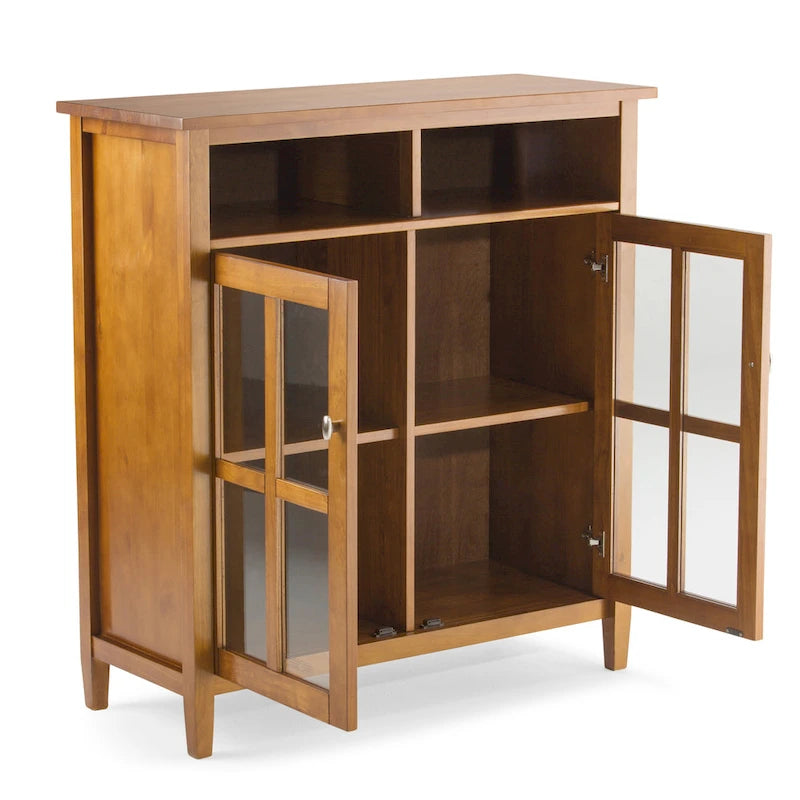 Meuble TV en bois massif avec portes en verre trempé et étagères réglables