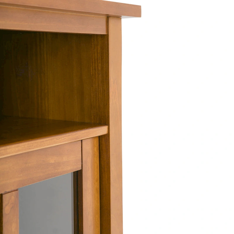 Meuble TV en bois massif avec portes en verre trempé et étagères réglables
