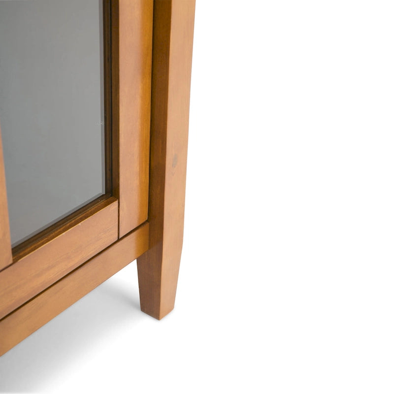 Meuble TV en bois massif avec portes en verre trempé et étagères réglables