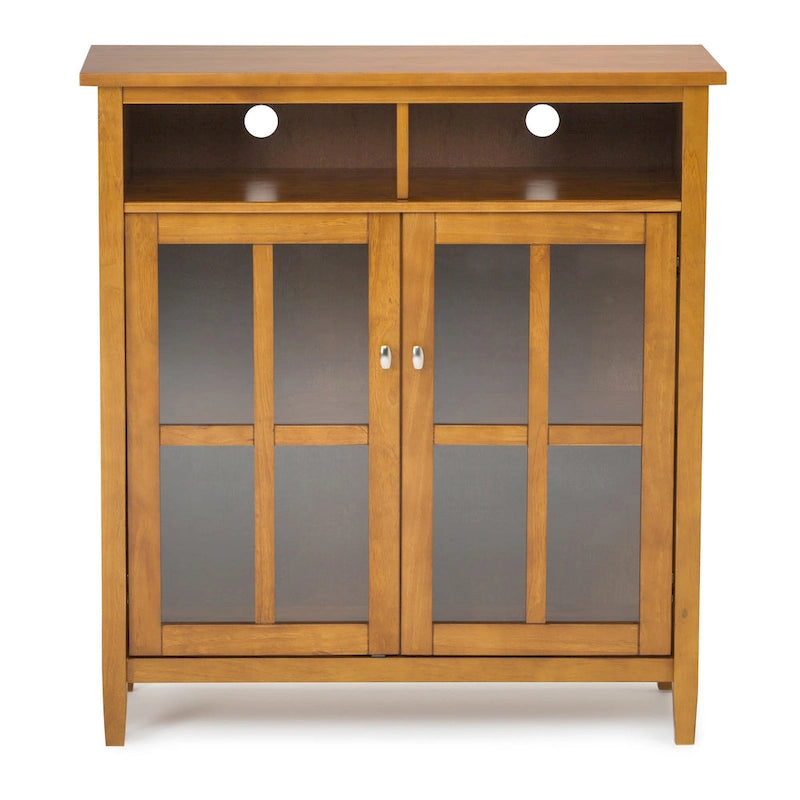 Meuble TV en bois massif avec portes en verre trempé et étagères réglables