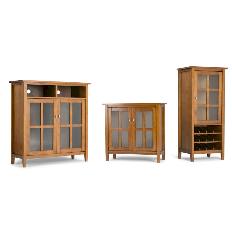 Meuble TV en bois massif avec portes en verre trempé et étagères réglables