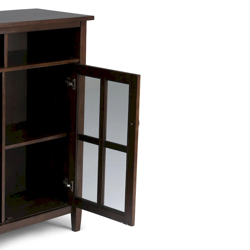 Meuble TV en bois massif avec portes en verre trempé et étagères réglables