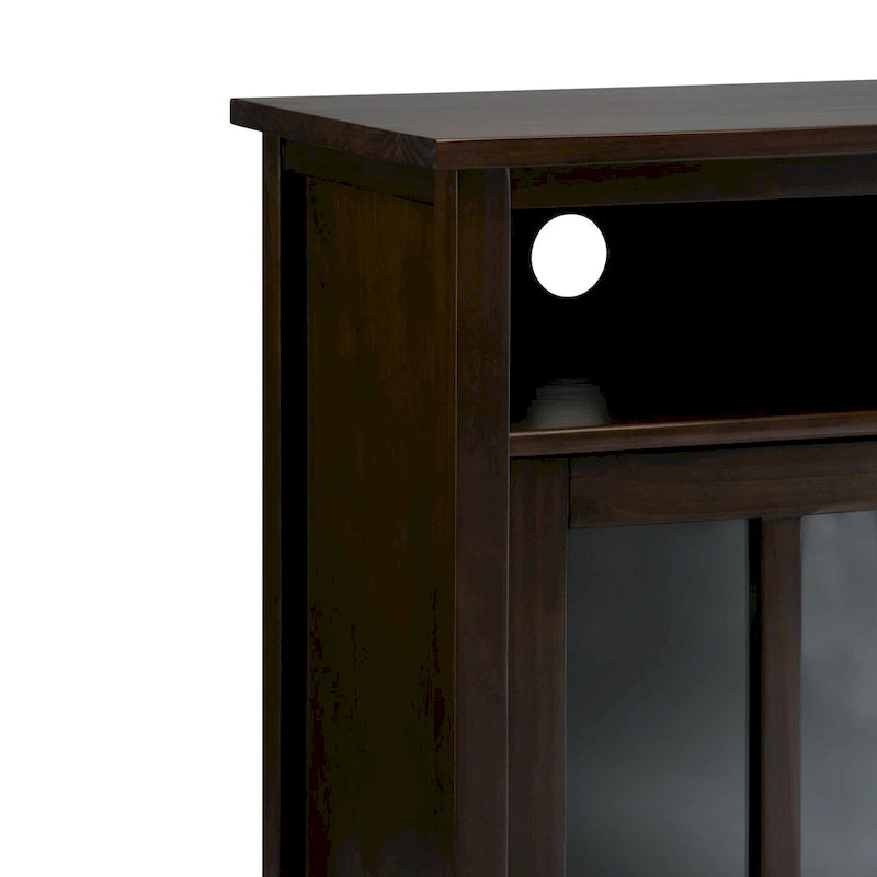 Meuble TV en bois massif avec portes en verre trempé et étagères réglables