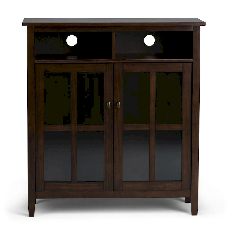 Meuble TV en bois massif avec portes en verre trempé et étagères réglables