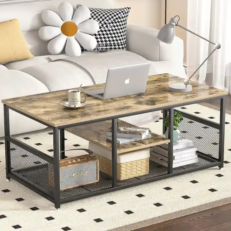 Table basse rectangulaire industrielle en bois avec étagère de rangement, table de thé/bureau à structure métallique pour la maison
