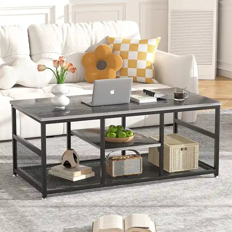 Table basse rectangulaire industrielle en bois avec étagère de rangement, table de thé/bureau à structure métallique pour la maison