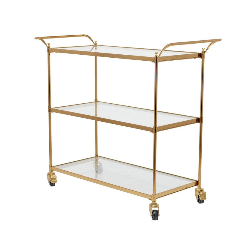 Chariot de bar en métal avec 3 étagères en verre et roues verrouillables – Laiton – Roche River Decor – 14 larg. x 38 long. x 31 haut.