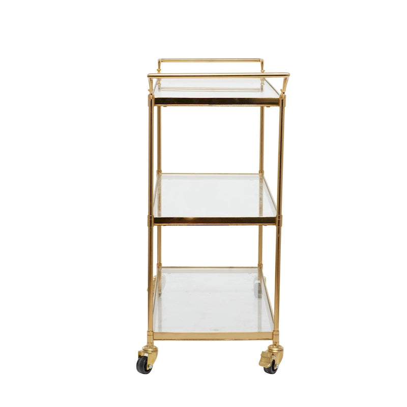 Chariot de bar en métal avec 3 étagères en verre et roues verrouillables – Laiton – Roche River Decor – 14 larg. x 38 long. x 31 haut.
