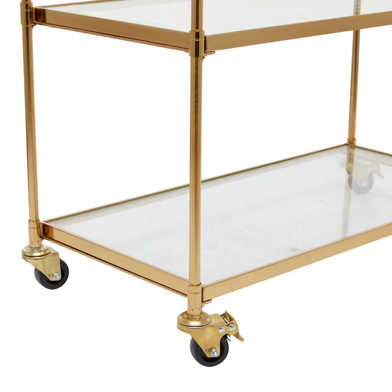 Chariot de bar en métal avec 3 étagères en verre et roues verrouillables – Laiton – Roche River Decor – 14 larg. x 38 long. x 31 haut.
