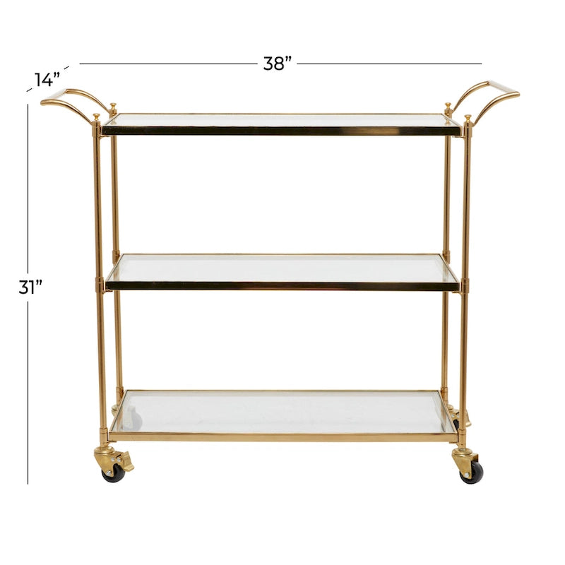 Chariot de bar en métal avec 3 étagères en verre et roues verrouillables – Laiton – Roche River Decor – 14 larg. x 38 long. x 31 haut.