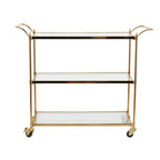 Chariot de bar en métal avec 3 étagères en verre et roues verrouillables – Laiton – Roche River Decor – 14 larg. x 38 long. x 31 haut.
