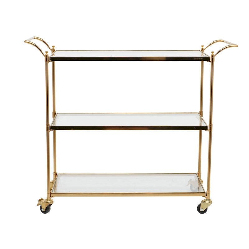 Chariot de bar en métal avec 3 étagères en verre et roues verrouillables – Laiton – Roche River Decor – 14 larg. x 38 long. x 31 haut.