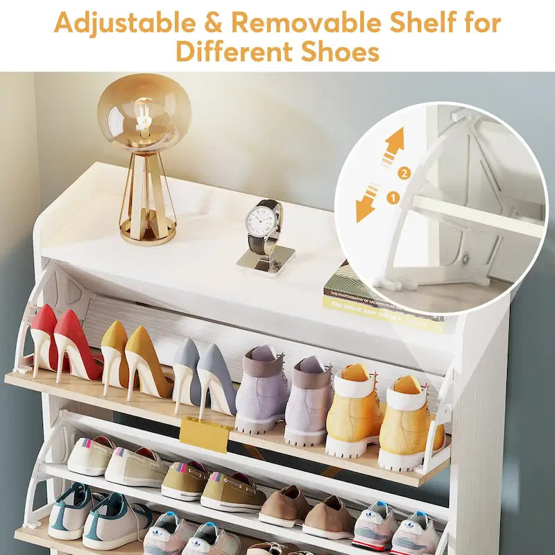 Modern Wood White Shoe Storage Cabinet with 3 Flip Doors,24 Pair Shoe Organizer Cabinet