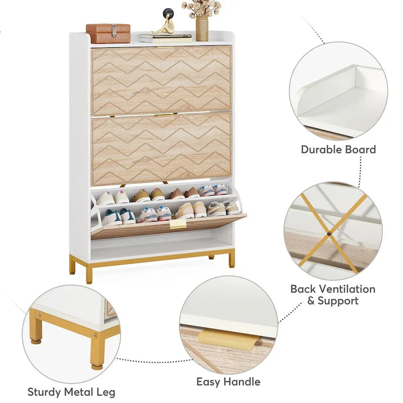 Modern Wood White Shoe Storage Cabinet with 3 Flip Doors,24 Pair Shoe Organizer Cabinet
