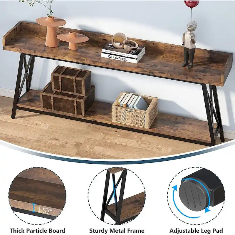 Console longue et étroite de 180 cm derrière le canapé, table d'entrée marron rustique