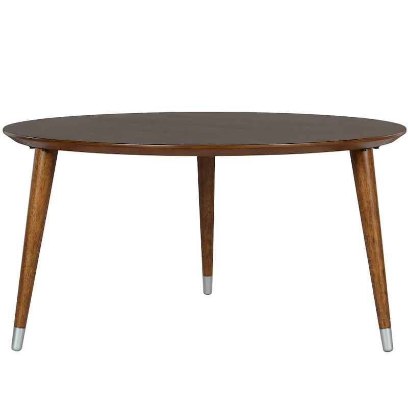 Table basse ronde du milieu du siècle en placage de noyer avec pieds fuseau