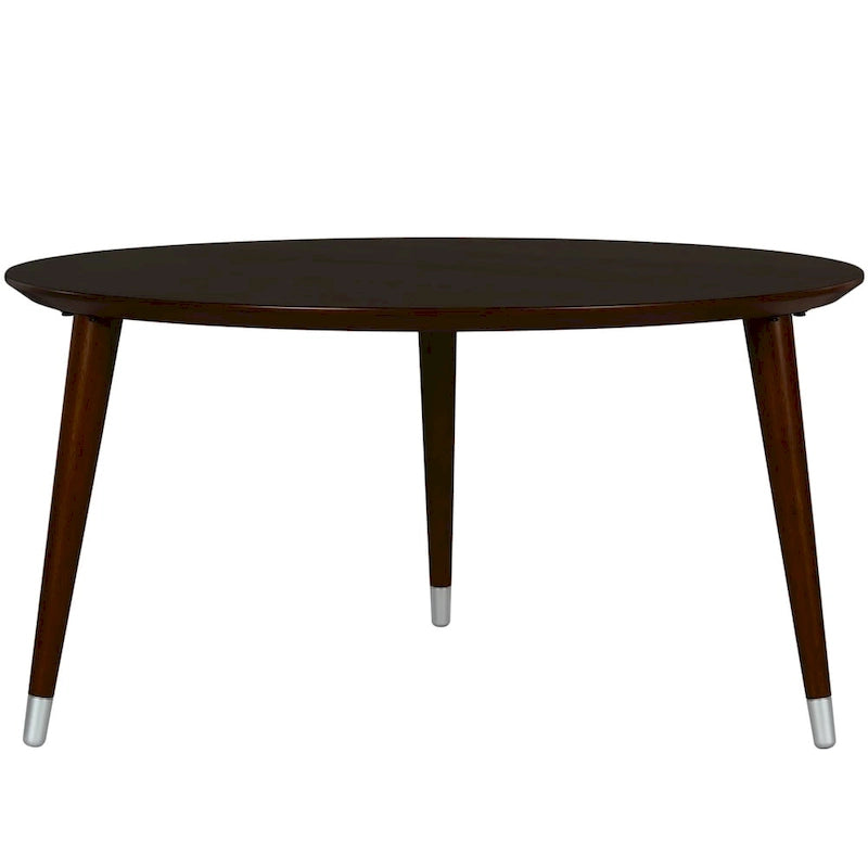 Table basse ronde du milieu du siècle en placage de noyer avec pieds fuseau