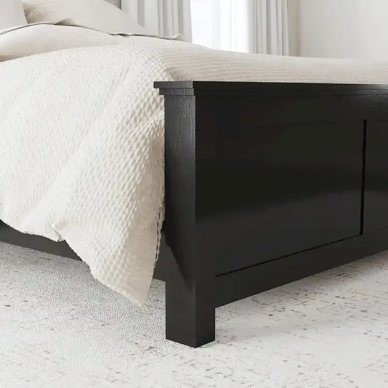 Lit plateforme Queen en bois noir avec tête de lit à double panneau