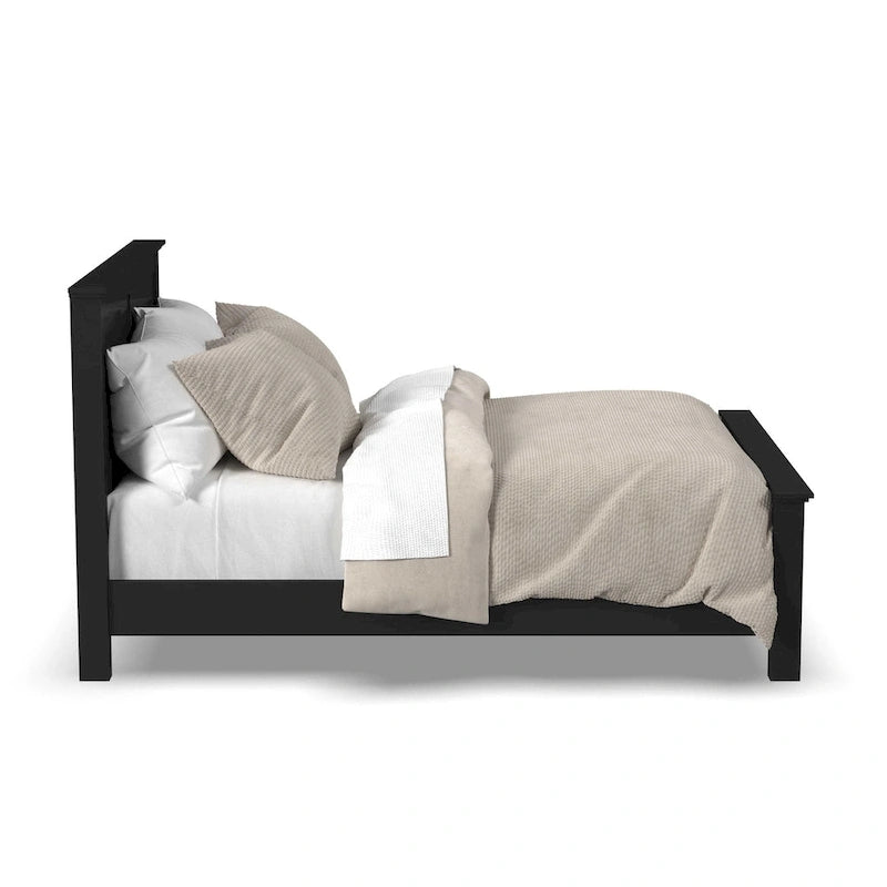 Lit plateforme Queen en bois noir avec tête de lit à double panneau