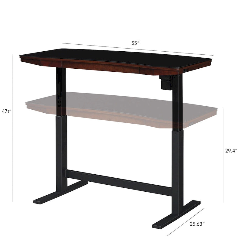 Bureau assis-debout réglable en hauteur avec plateau en verre et station de recharge USB