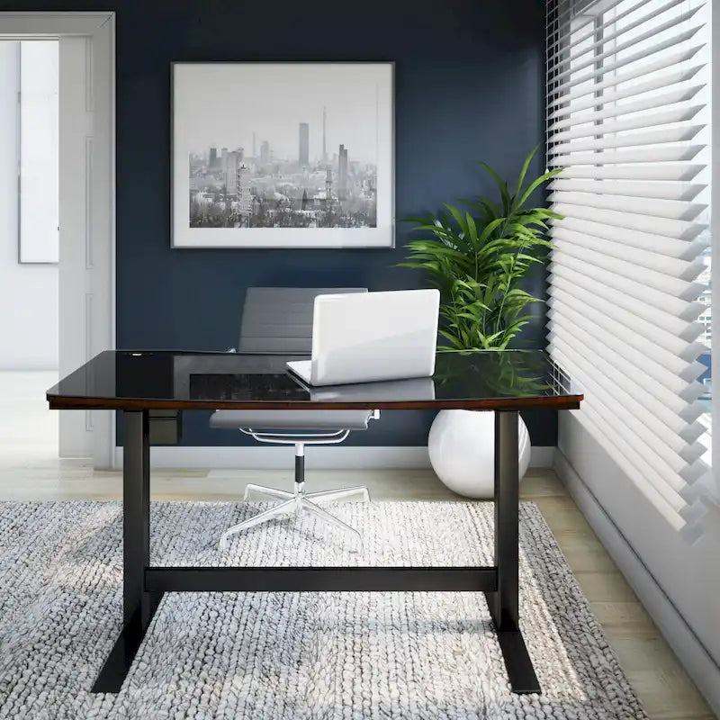 Bureau assis-debout réglable en hauteur avec plateau en verre et station de recharge USB