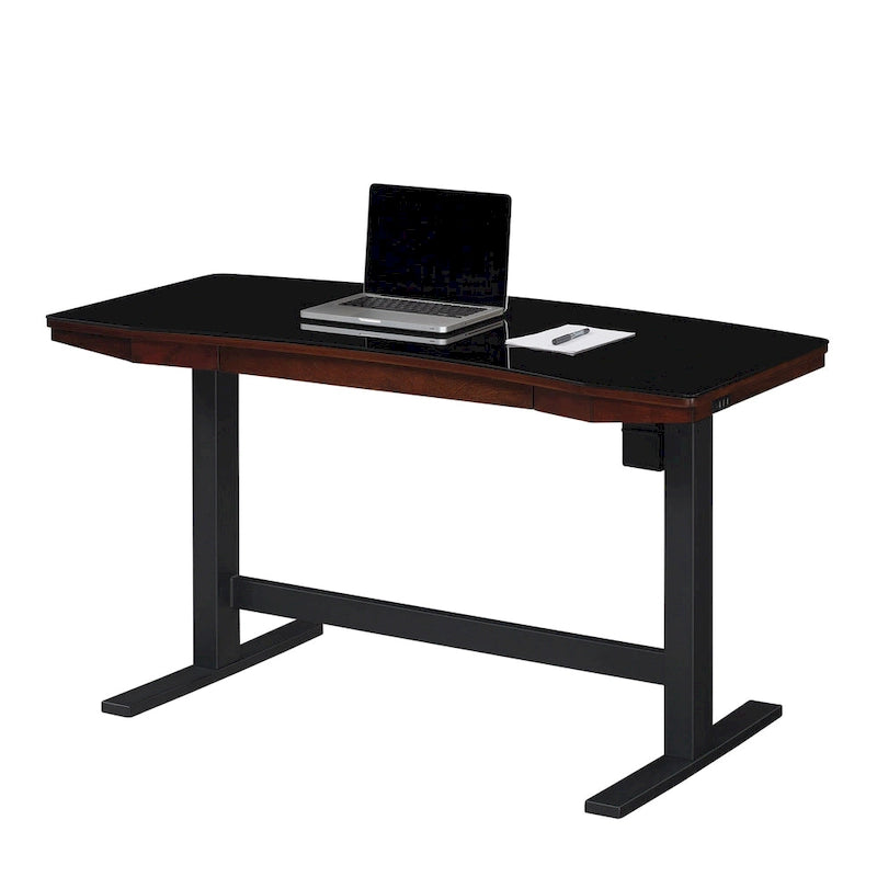 Bureau assis-debout réglable en hauteur avec plateau en verre et station de recharge USB