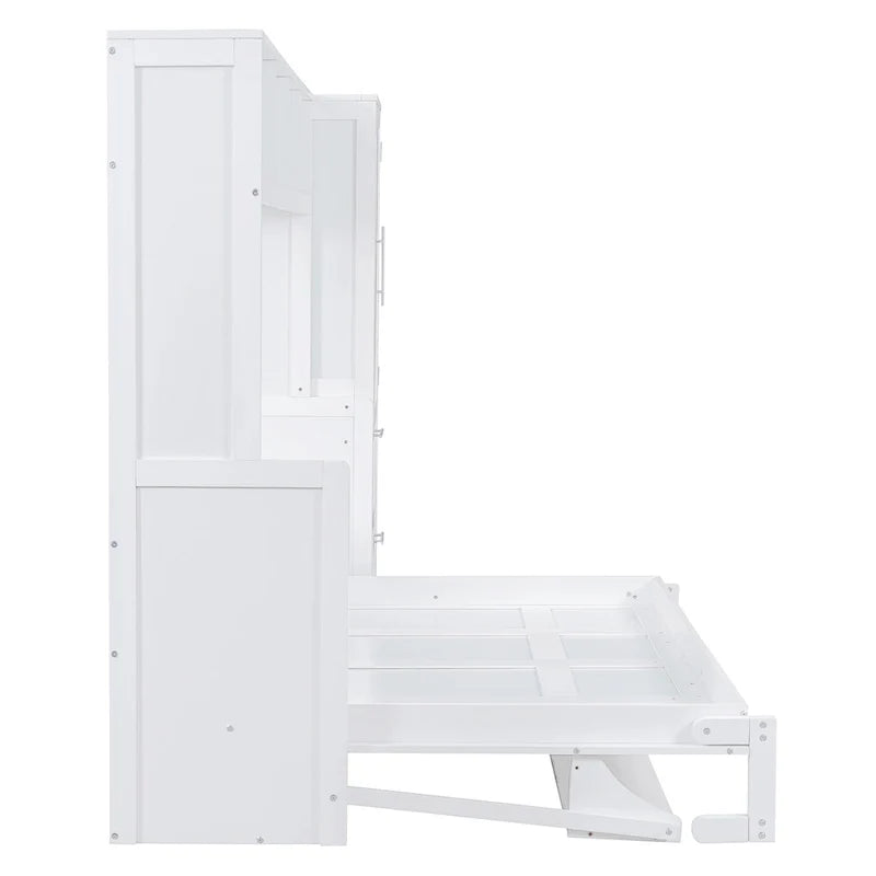 Full Size Murphy Bed Wall Bed with Closet and Drawers,White