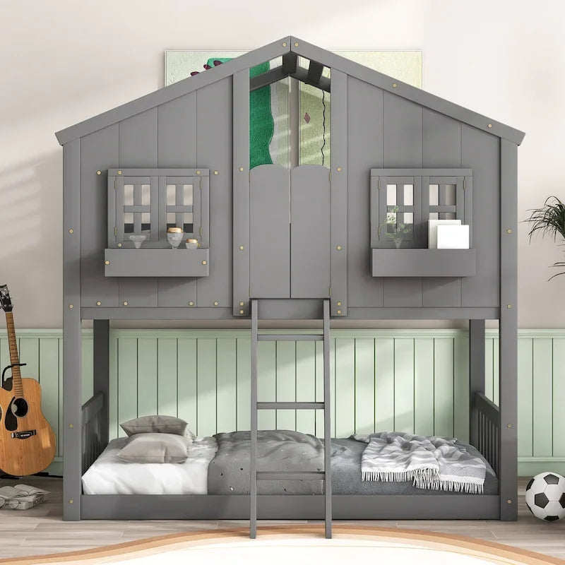 Twin over Twin House Bunk Bed with Roof, Window, Window Box, Door, with Safety Guardrails and Ladder, Grey
