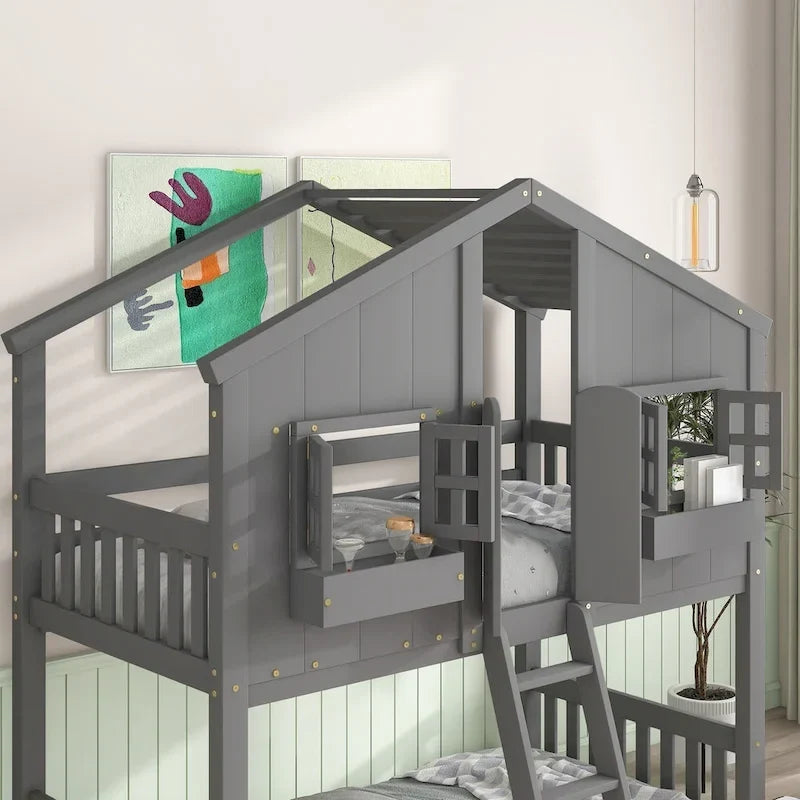 Twin over Twin House Bunk Bed with Roof, Window, Window Box, Door, with Safety Guardrails and Ladder, Grey