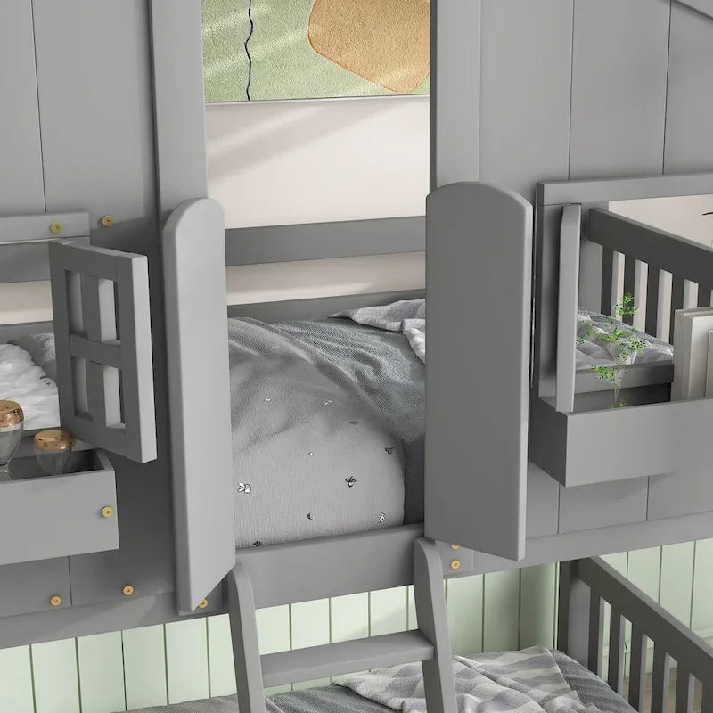 Twin over Twin House Bunk Bed with Roof, Window, Window Box, Door, with Safety Guardrails and Ladder, Grey
