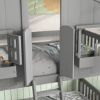 Twin over Twin House Bunk Bed with Roof, Window, Window Box, Door, with Safety Guardrails and Ladder, Grey