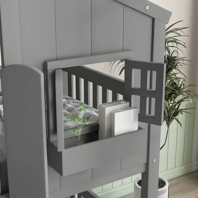 Twin over Twin House Bunk Bed with Roof, Window, Window Box, Door, with Safety Guardrails and Ladder, Grey